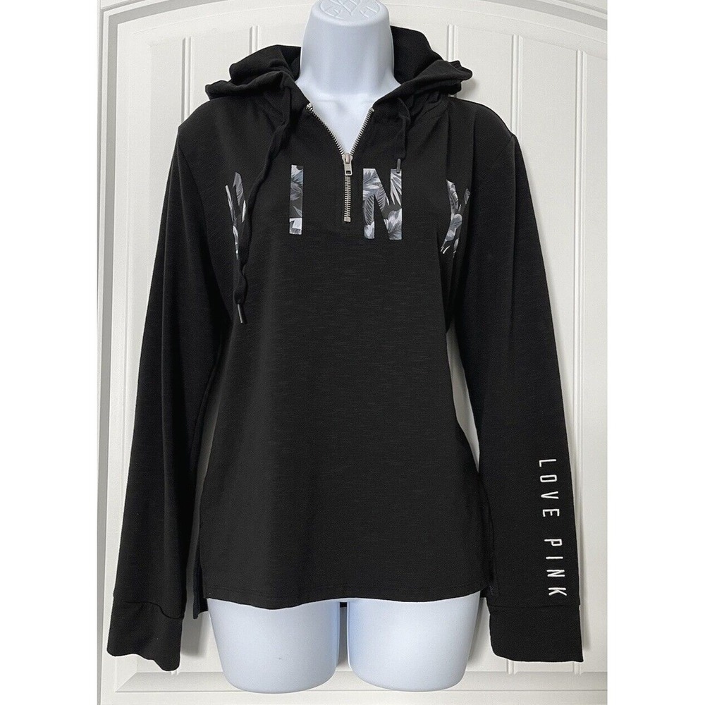 Victorias Secret Pink Hooded 1/4 Zip Jacket Womens Sz Small Black Tropical logo